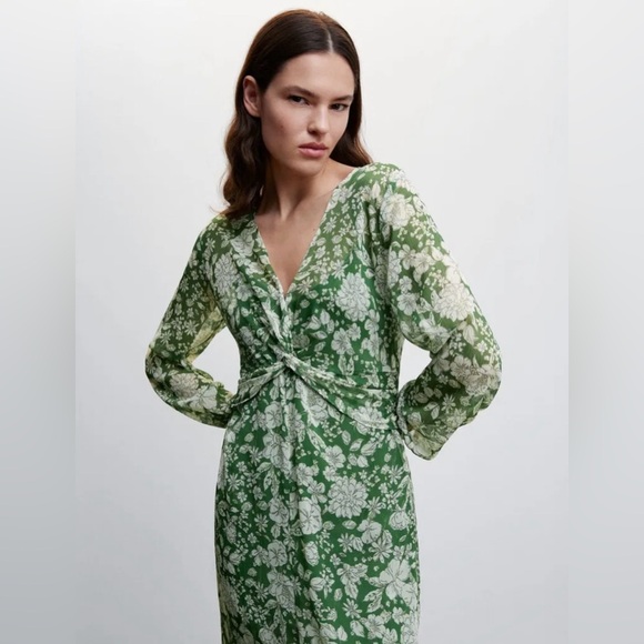 Mango floral « Lila » chiffon midi dress Floral Green Wrap Dress size 4 - Picture 2 of 12